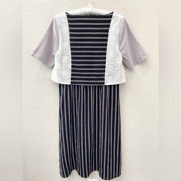 PIPER & SCOOT | Black White Striped Colorblock Midi Dress Modest Boho | Small - Picture 4 of 7